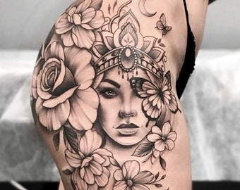 Get this beautiful design of a woman with flowers and butterflies. You will look the sexiest with this sensual tattoo.
