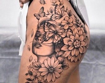 Get this beautiful design of a woman with flowers and butterflies. You will look the sexiest with this sensual tattoo.