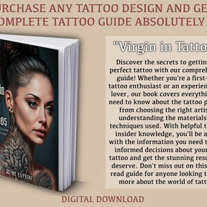 May include: A book cover with a woman with tattoos on her neck and shoulders. The title of the book is "Virgin in Tattoos: Uncovering Your Tattooing Guide for Your First Ink", and the subtitle is "Discover the Secrets to Getting the Perfect Tattoo with Our Comprehensive Guide".