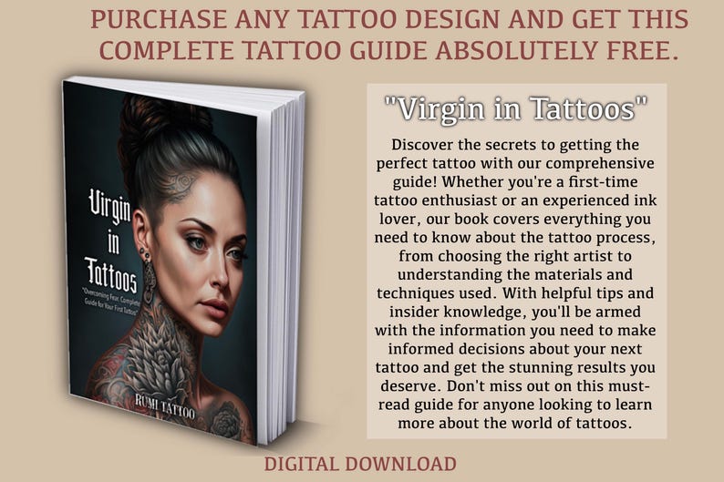 May include: A book cover with a woman with tattoos on her neck and shoulders. The title of the book is "Virgin in Tattoos: Uncovering Your Tattooing Guide for Your First Ink", and the subtitle is "Discover the Secrets to Getting the Perfect Tattoo with Our Comprehensive Guide".