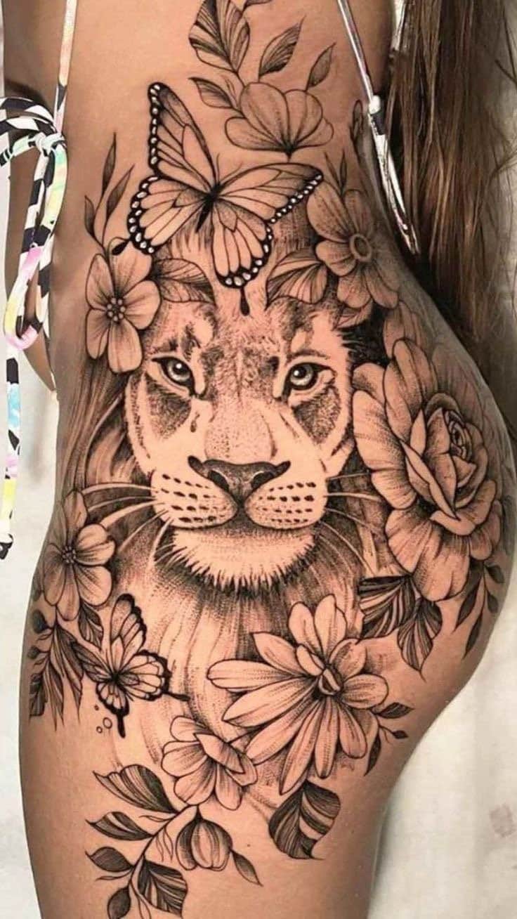 Obtenez ce magnifique design de lionne féminin avec des fleurs et des  papillons. Transmettez la force et la sensualité qui vous caractérisent. -  Etsy France