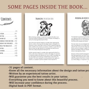 May include: A black and white book cover with the title "Some Pages Inside The Book..." and a table of contents for a guide on tattoo design. The book cover features a question mark and a tattoo design.