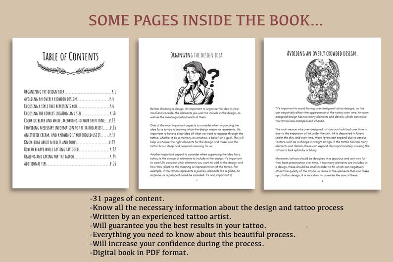 May include: A black and white book cover with the title "Some Pages Inside The Book..." and a table of contents for a guide on tattoo design. The book cover features a question mark and a tattoo design.