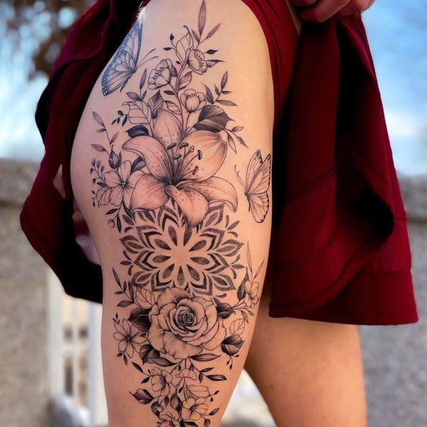Get this beautiful, sensual and feminine tattoo of flowers, butterflies and mandalas, show everyone your sexiest side.
