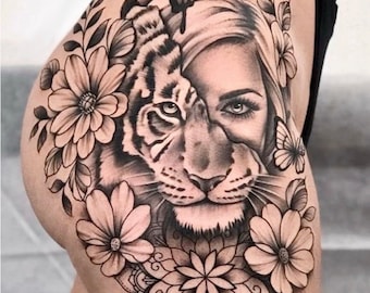 Get now this beautiful and sexy tattoo design with a woman&#39;s face and half tiger, with flowers, mandalas and butterflies.