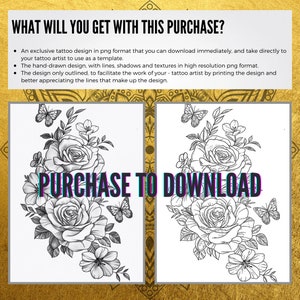 May include: A black and white line drawing of a floral tattoo design featuring roses, butterflies, and leaves. The design is outlined and ready to be used as a template for a tattoo.