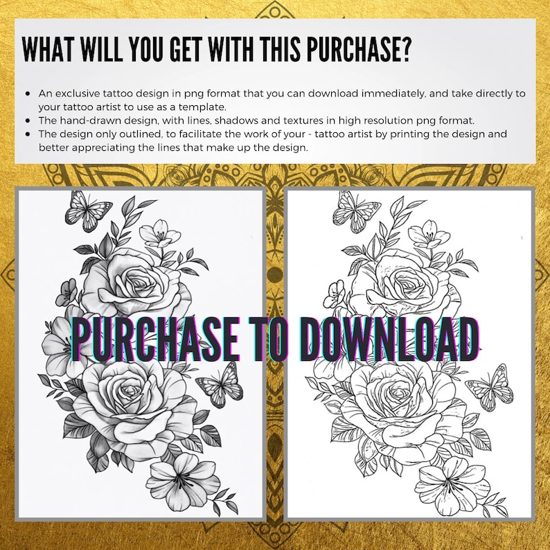 May include: A black and white line drawing of a floral tattoo design featuring roses, butterflies, and leaves. The design is outlined and ready to be used as a template for a tattoo.