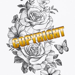 May include: A black and white line drawing of a bouquet of roses and butterflies. The roses are in full bloom and the butterflies are in flight. The word "COPYRIGHT" is written in gold letters across the image.