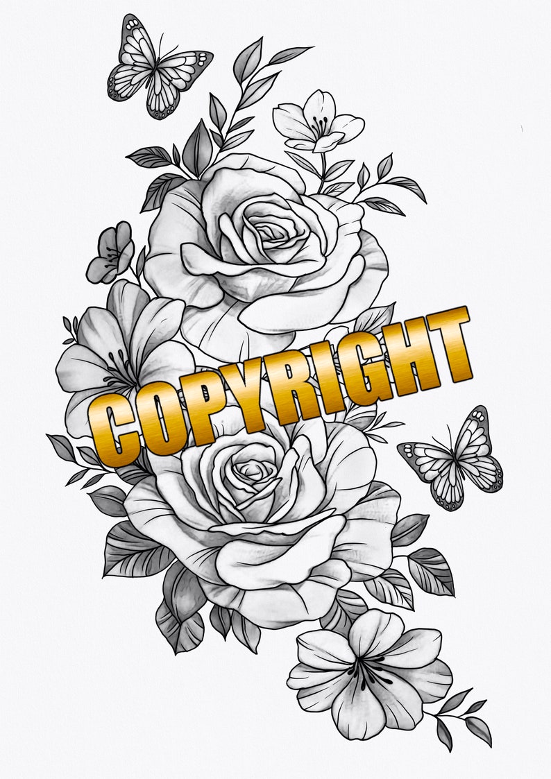 May include: A black and white line drawing of a bouquet of roses and butterflies. The roses are in full bloom and the butterflies are in flight. The word "COPYRIGHT" is written in gold letters across the image.