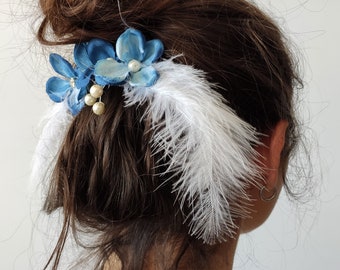 Blue Angel Hair Clip, Blue Flowers, Pearls and Feathers Bridal Hair Clip, Blue Flowers Pearls Wedding Hair Clip, Blue Wedding Hair Clip