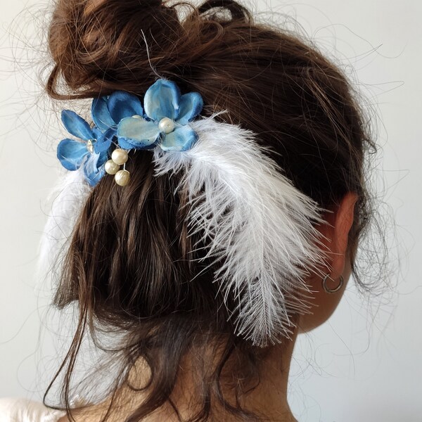 Blue Angel Hair Clip, Blue Flowers, Pearls and Feathers Bridal Hair Clip, Blue Flowers Pearls Wedding Hair Clip, Blue Wedding Hair Clip