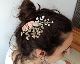 Handgemachte Rosa Blume Braut Haarspange, Rosa Blumen Kristalle Hochzeit Haarspange, Rosa Kristalle Hochzeit Haarspange, BrautBlume Haarspange