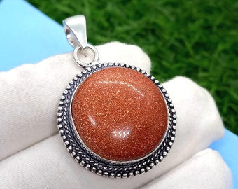 Goldstone Pendant: Round Gemstone, 925 Sterling Silver Necklace