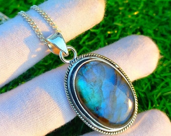Blue Flashy Labradorite Pendant: Handmade 925 Sterling Silver Necklace