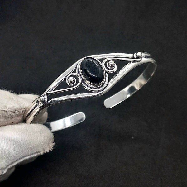 Handmade Black Onyx Cuff: Adjustable 925 Sterling Silver Bangle