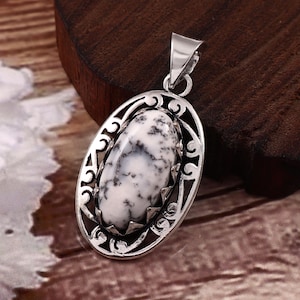 Natural Dendrite Opal Oval Pendant, 925 Sterling Silver, Vintage Style, Handmade Jewelry