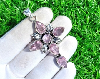 Women's Pink Kunzite Gemstone Silver Cross Necklace - 18" Adjustable, Lab-Created Stone