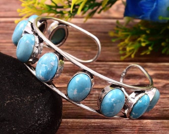 Handmade Larimar Cuff Bangle: 925 Sterling Silver Adjustable Bracelet