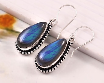 Natural Blue Fire Labradorite Teardrop Earrings, 925 Sterling Silver Dangle