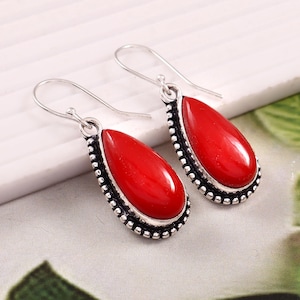 Handmade Red Coral Teardrop Earrings, 925 Sterling Silver Dangle Jewelry