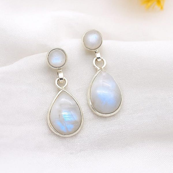 Moonstone Dangle Drop Earrings: Sterling Silver Double Gemstone, Handmade