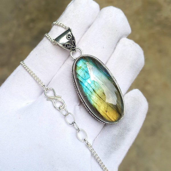 Vintage Style Labradorite Pendant: 925 Sterling Silver, Fire Blue Necklace