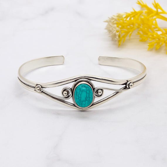 Handmade Turquoise Cuff Bangle: 925 Sterling Silver Adjustable