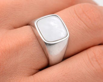 Men's Mother of Pearl Signet Ring, 925 Sterling Silver, Handmade Pearl Jewelry