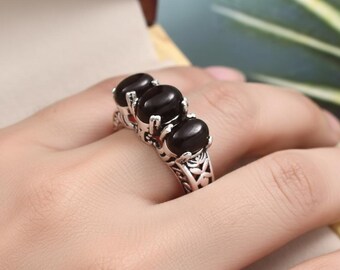 Silvershake Genuine Black Onyx & Sterling Silver Rope Ring - Victorian Style Jewelry For Women & Men