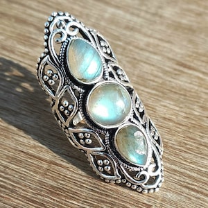 Bague tendance en labradorite : argent sterling 925 avec trois pierres