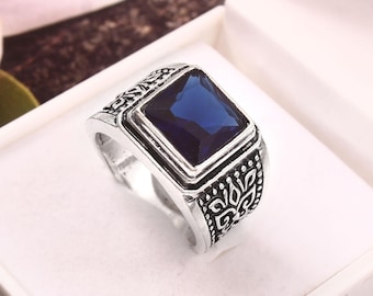 925 Sterling Silver Men's Sapphire Ring - Boho Statement Jewelry