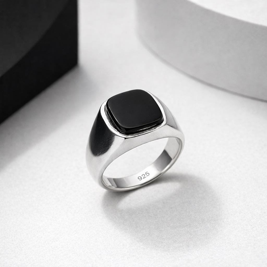 thumbnail interactive-video image 1 of Men's Square Black Onyx Ring - Stainless Steel Silver Band, Hobby & Craft Theme, Sizes 7-12 1 of 5