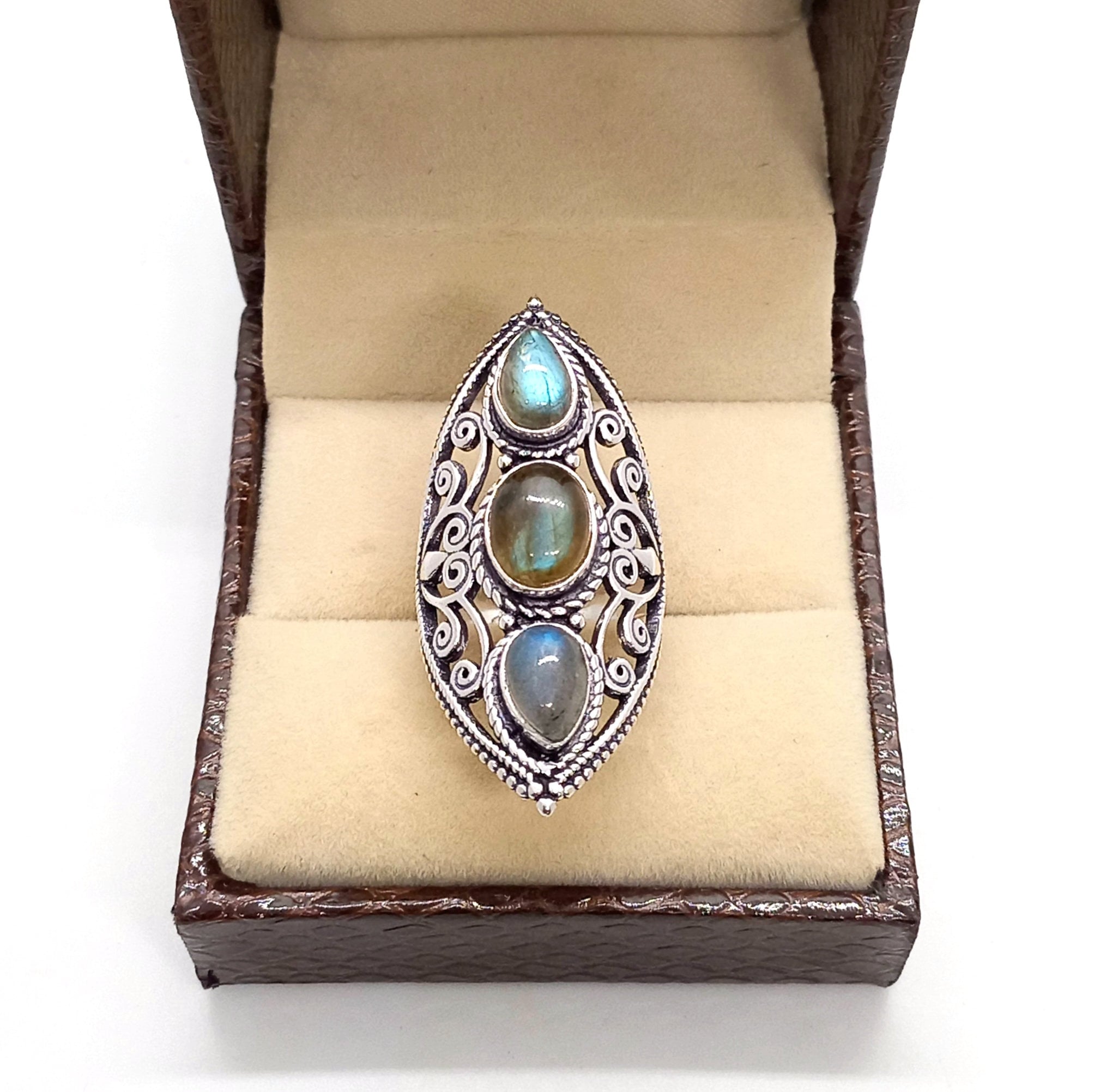 Oval Labradorite Sterling Silver Ring - Vintage Bohemian Style, Size 8, Gift Box Included - View #11