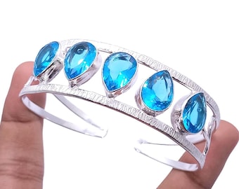 Handmade Swiss Blue Topaz Bangle: Adjustable Sterling Silver Cuff