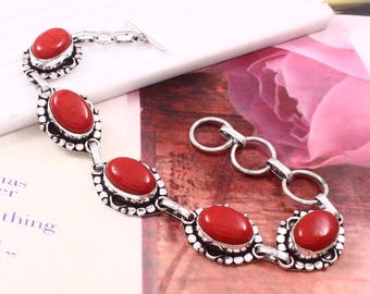 Red Coral Sterling Silver Bracelet: Handmade Boho Gemstone Jewelry