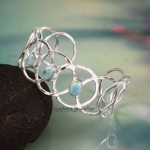 Natural Larimar Adjustable Bangle, 925 Sterling Silver Open Cuff