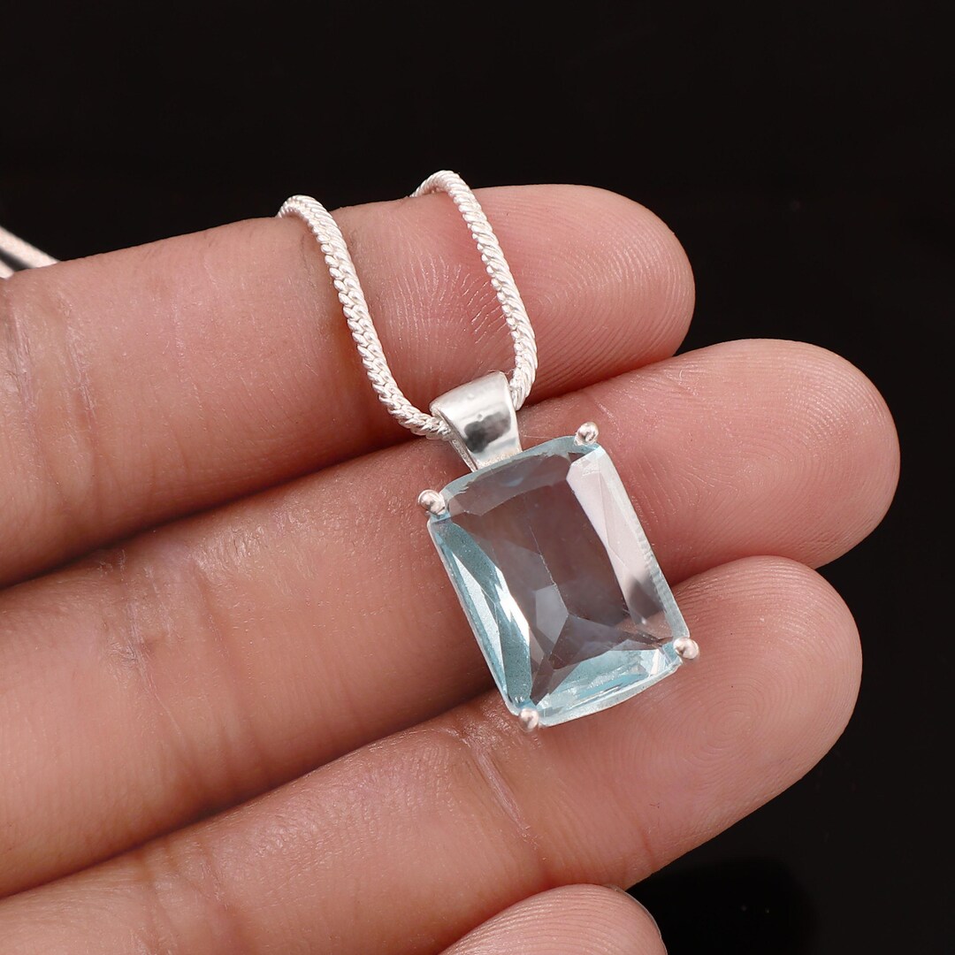 Swiss Blue Topaz Necklace, Cushion Cut 925 Sterling Silver Pendant ...