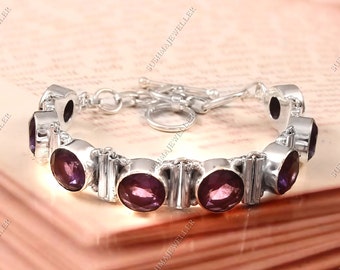 Handgefertigtes Amethyst Armband: 925 Sterling Silber Ovaler Edelstein Schmuck