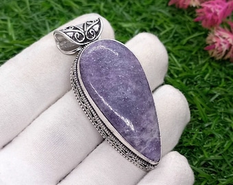 Handmade Lepidolite Pendant: Teardrop 925 Sterling Silver Necklace