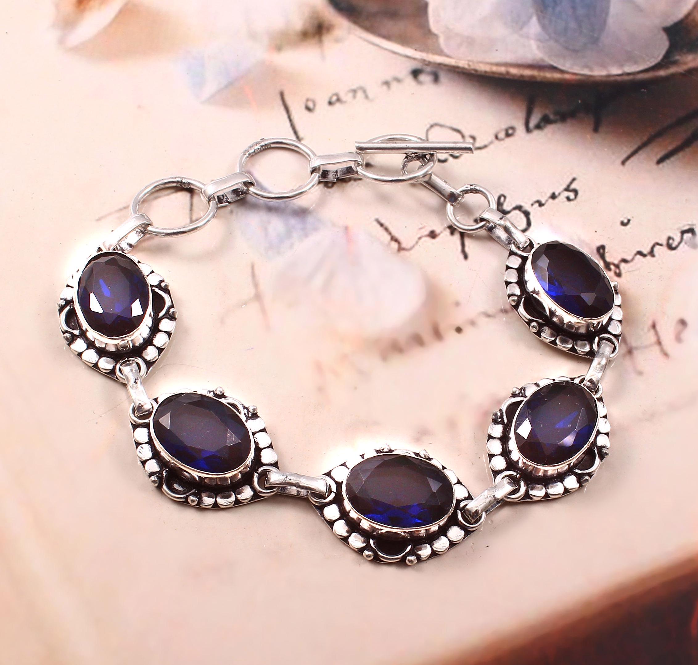 Bracelet Vintage En Argent Avec Pierre Bleue (saphir?) Et 34 Strass Brillants - Occasion, Bijou Ancien