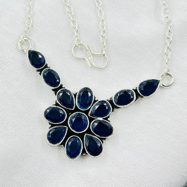 Blue Sapphire Necklace, 925 Sterling Silver Necklace, Handmade Necklace, Gemstone Silver Sapphire Pendant, Christmas Women, Gift For Her