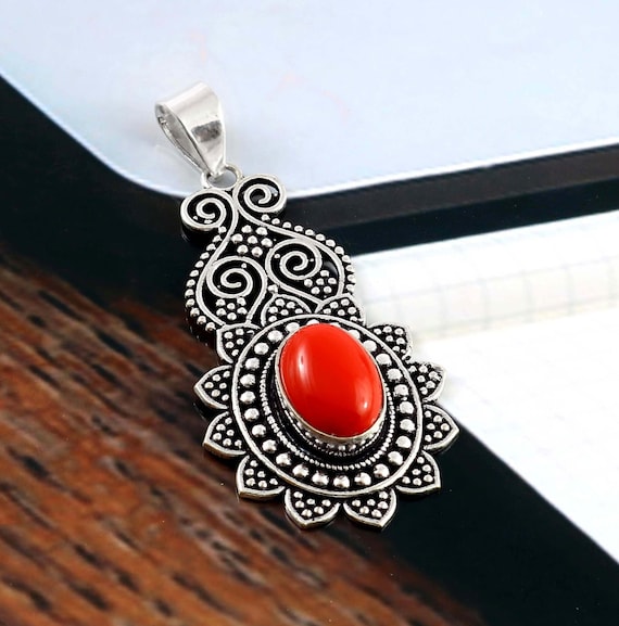 Buy Red Coral Pendant 925 Sterling Silver Red Coral Necklace