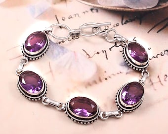 Amethyst Sterling Silver Bracelet, Handmade Boho Gemstone Jewelry Gift