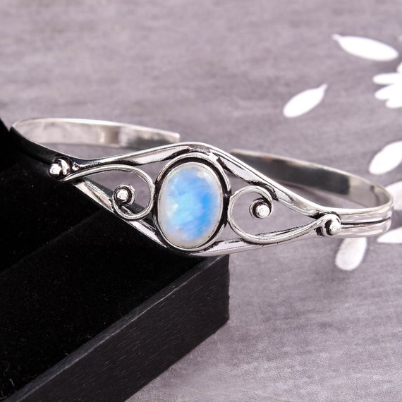 Bracelet Manchette En Argent Sterling 925 Avec Pierre De Lune Arc-en-ciel & Citrine - Fait Main Inde