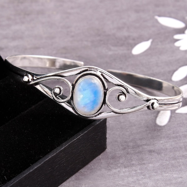 Rainbow Moonstone Bangle: 925 Sterling Silver Cuff, Handmade Jewelry