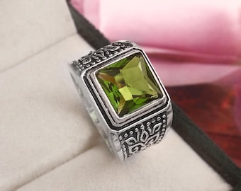 Peridot Sterling Silver Men's Ring, 925 Gemstone Statement Ring