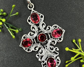 Pendentif croix grenat fait main : bijoux vintage en argent sterling 925