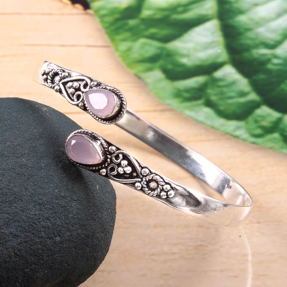 Rose Quartz 925 Sterling Silver Bangle, Vintage Handmade Bangle