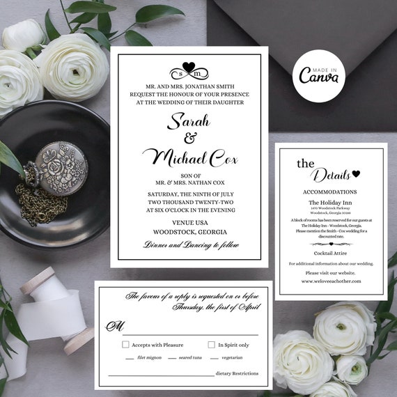 Black and White Wedding Invitation Template DIY Wedding | Etsy