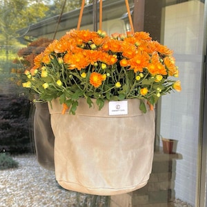 Vaso suspenso de lona encerada feito à mão para uso interno/externo – Cesta porta-plantas ecológica